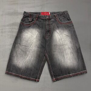 Y2K Evolution In Design Denim Shorts Black Red Contrast Stitch Baggy Skater 38